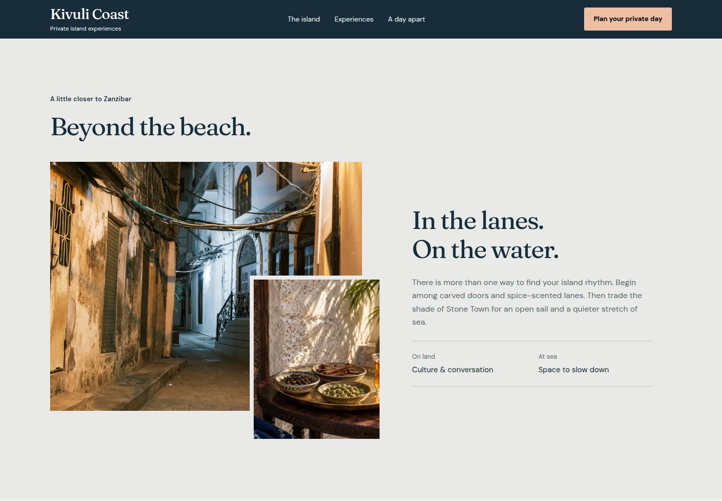 Editorial Zanzibar story with paired Stone Town and spice photographs in Northstar’s fictional Kivuli Coast concept