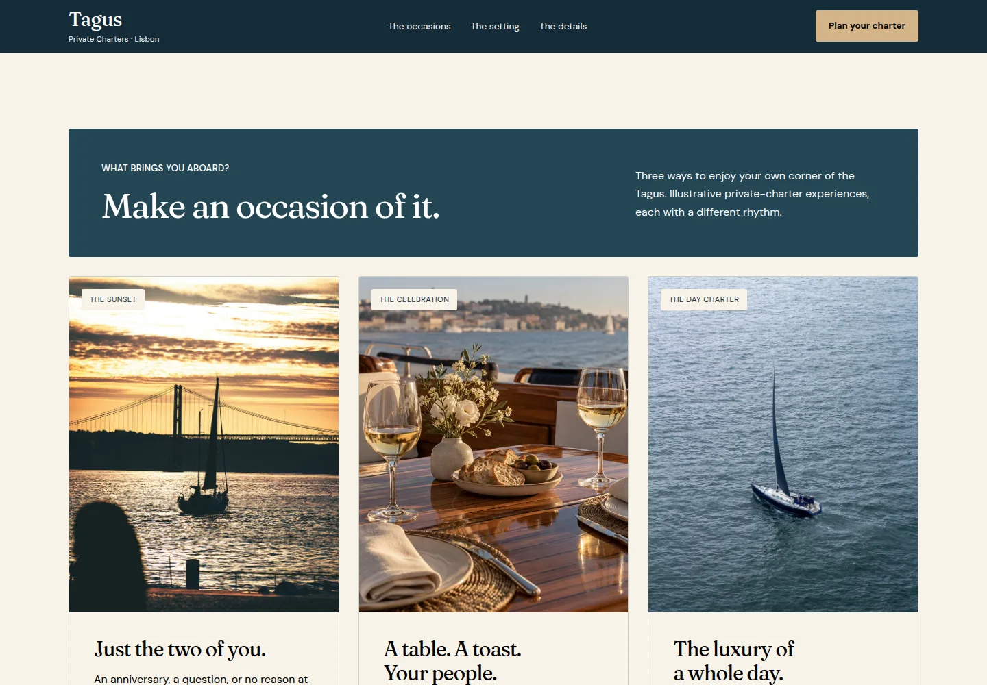 Tagus charter experiences with a blue editorial heading and three warm sailing photographs in Northstar’s fictional portfolio concept