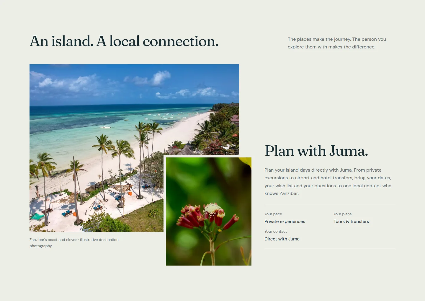 Northstar’s Juma Tours concept showing the An island. A local connection. section, with paired coastal and clove photographs