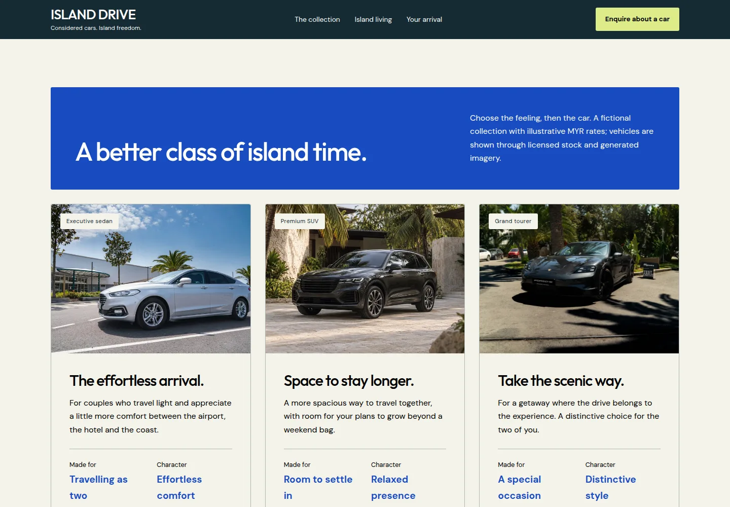 Vehicle collection with premium car photography and useful rental attributes in Northstar’s fictional Island Drive Langkawi concept