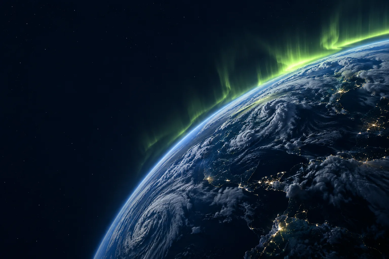 Original artwork of a luminous green aurora over a deep-blue planetary horizon