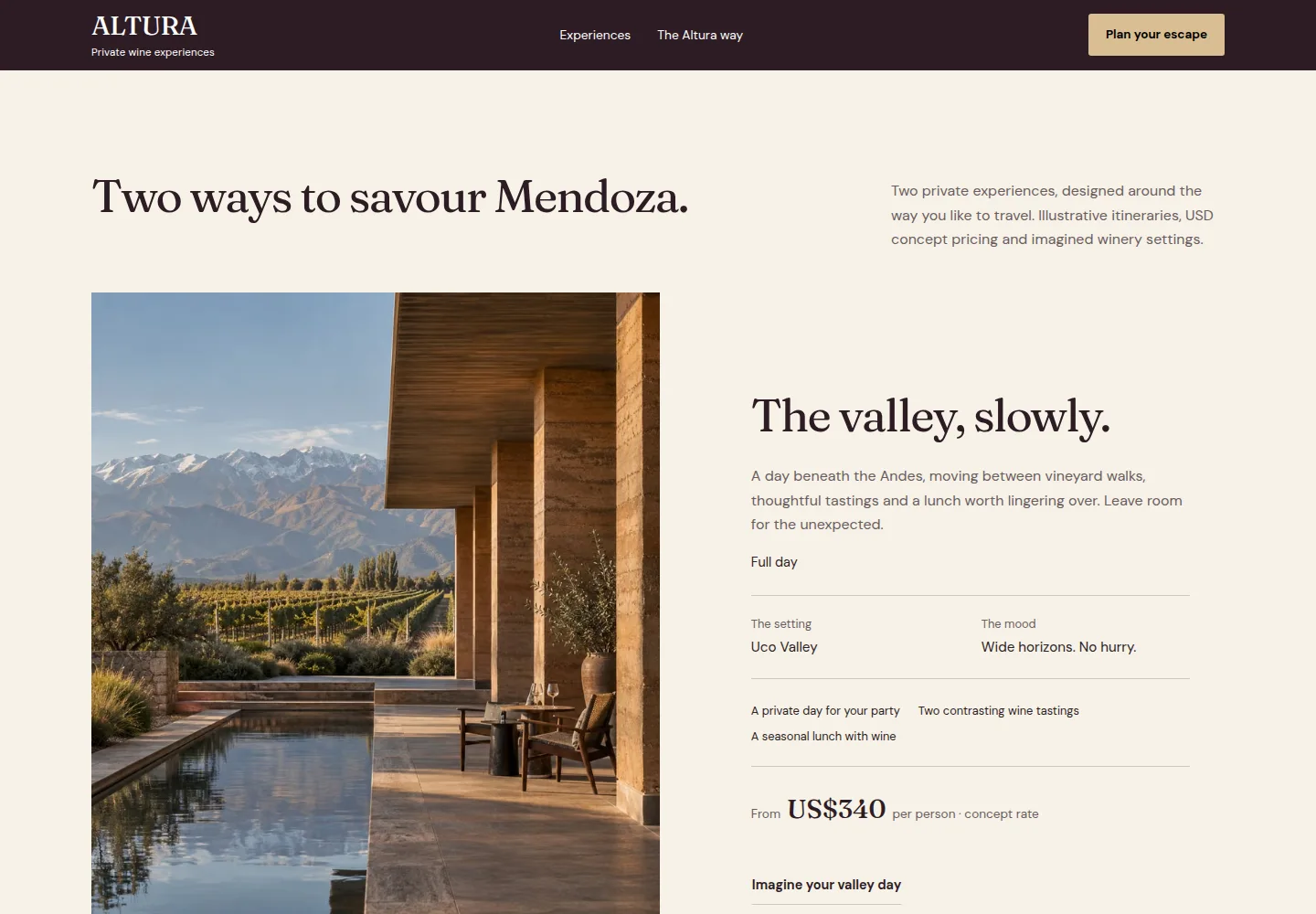 Altura wine experience with a spacious winery photograph, mountain views and editorial serif typography in Northstar’s fictional portfolio concept